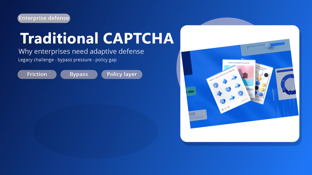 Editorial cover showing traditional CAPTCHA moving toward adaptive enterprise defense