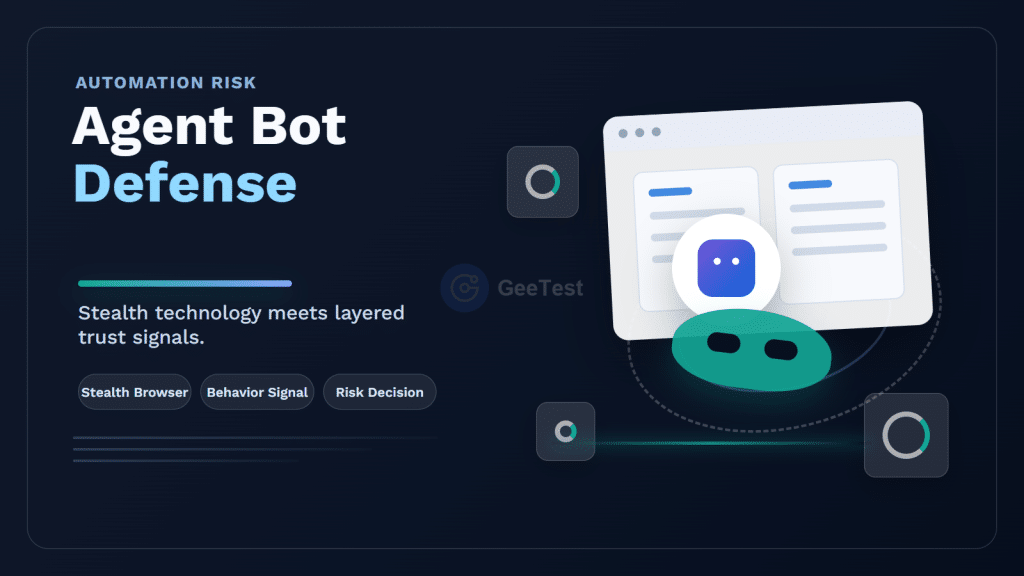 Agent bot defense shown through a stealth automation mask, browser task surface, and layered trust-signal field