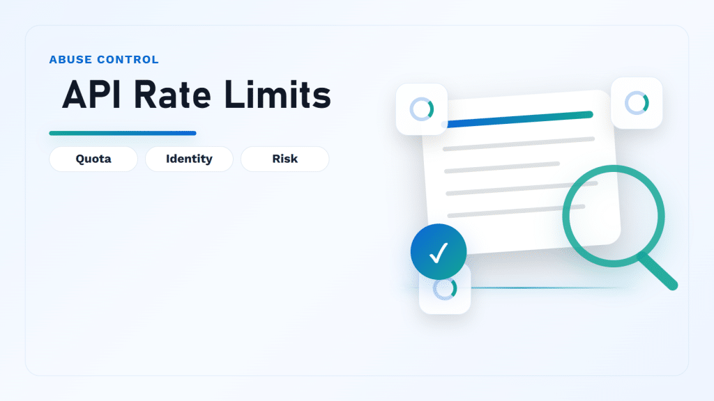 Editorial security cover showing API rate limits as quota, identity, and risk controls.
