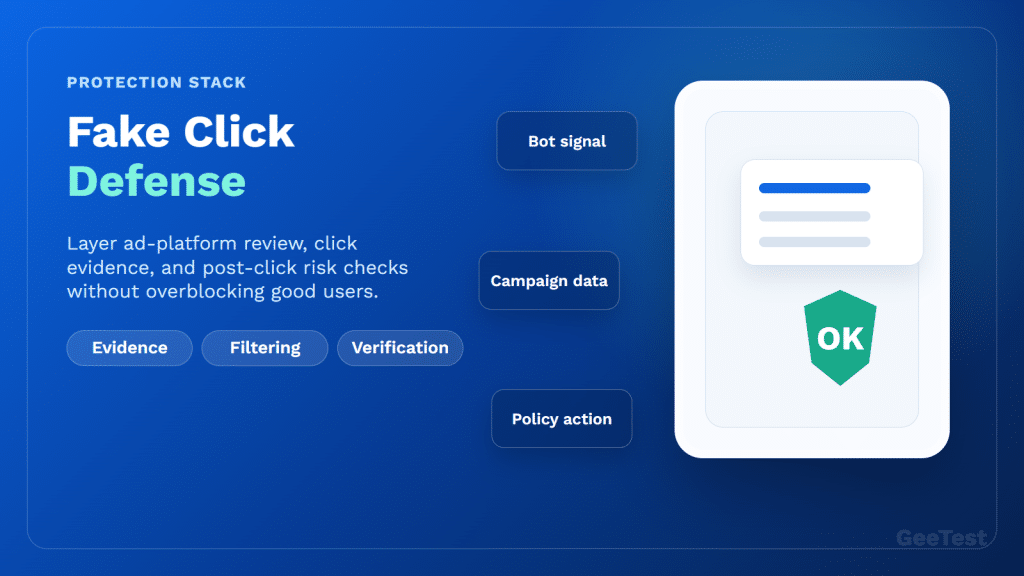 Blue product-security click fraud protection cover showing fake-click signals, device risk, and policy action