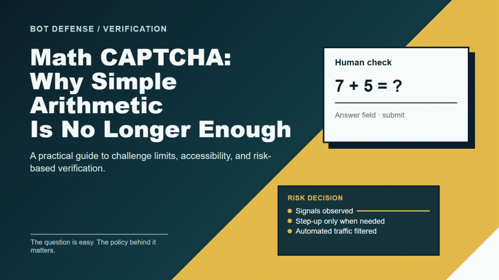 Math CAPTCHA cover preview: arithmetic prompt and risk decision panel